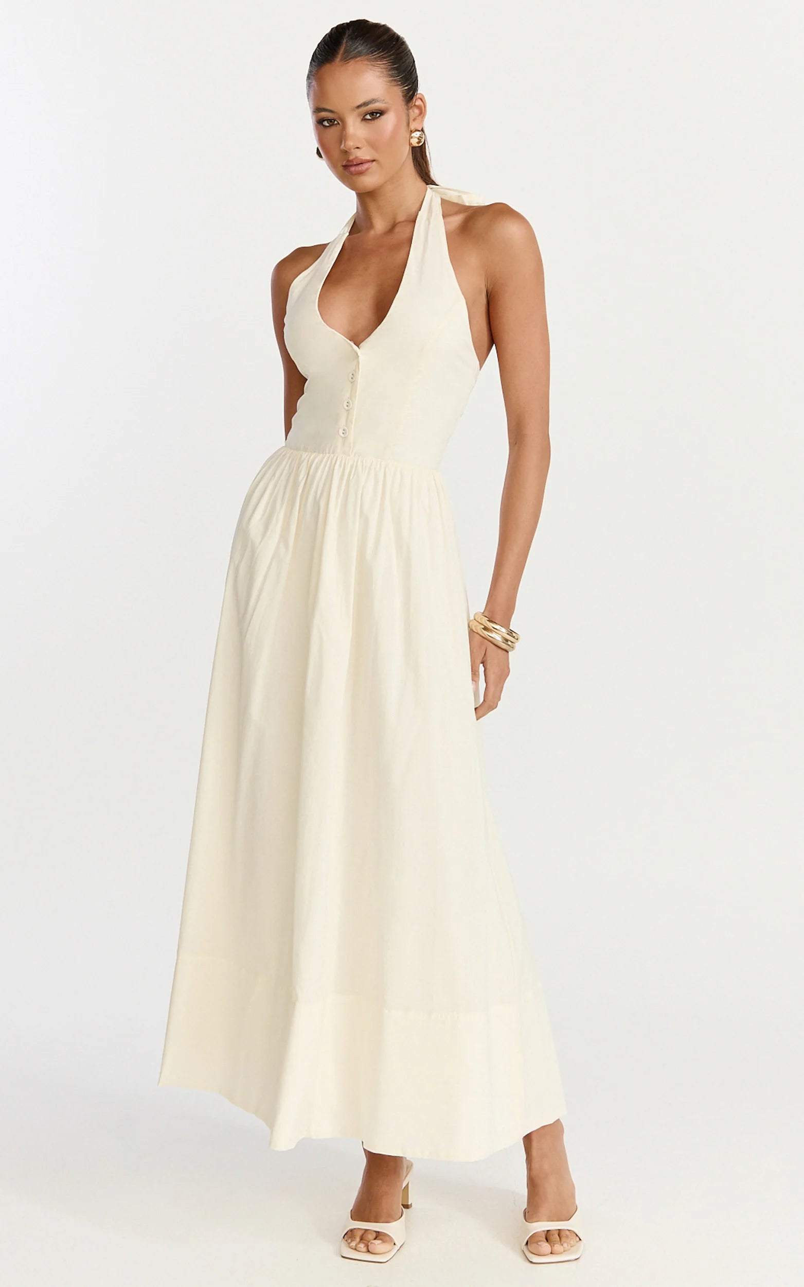 Everly Midi Dress - Tie Halter Neck Button Down Bodice Fit And Flare Dress in Cream