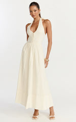 Everly Midi Dress - Tie Halter Neck Button Down Bodice Fit And Flare Dress in Cream