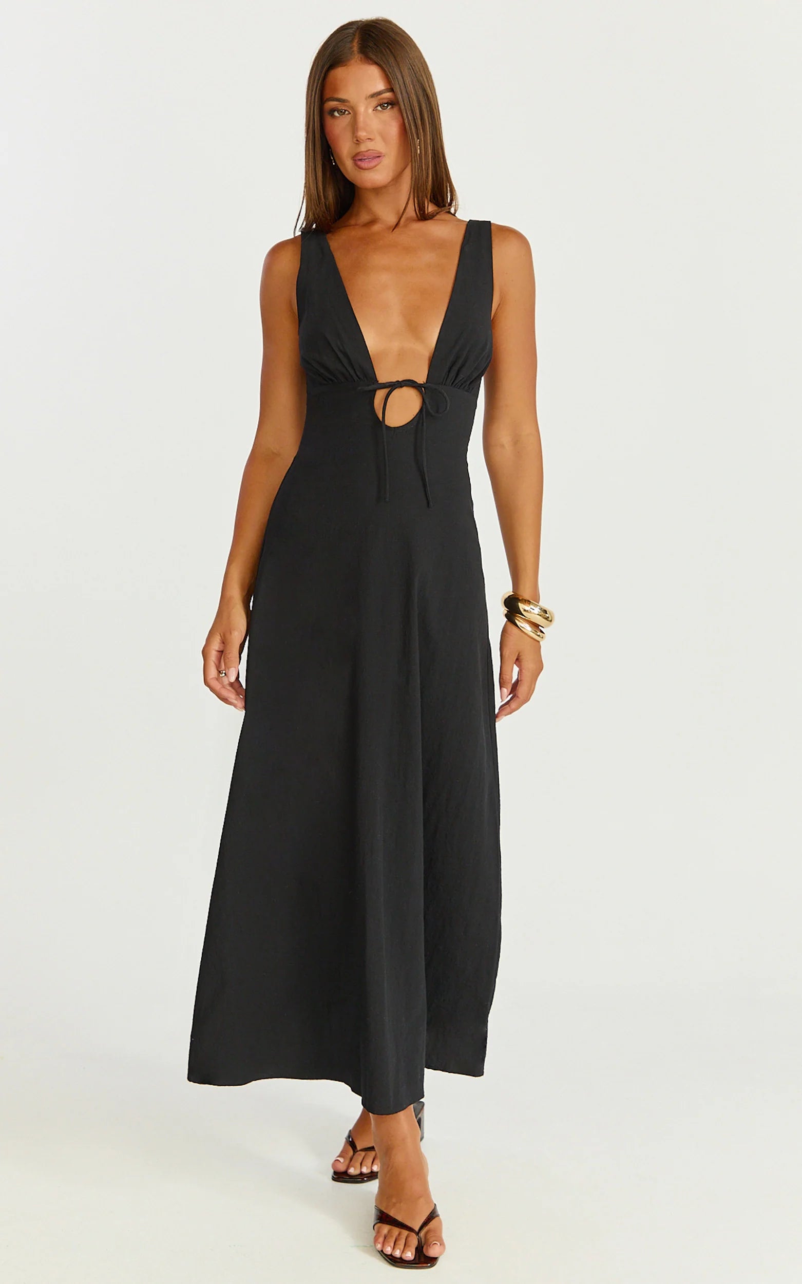 Silvena Midi Dress - Plunge Neckline Tie Front A Line Dress in Black