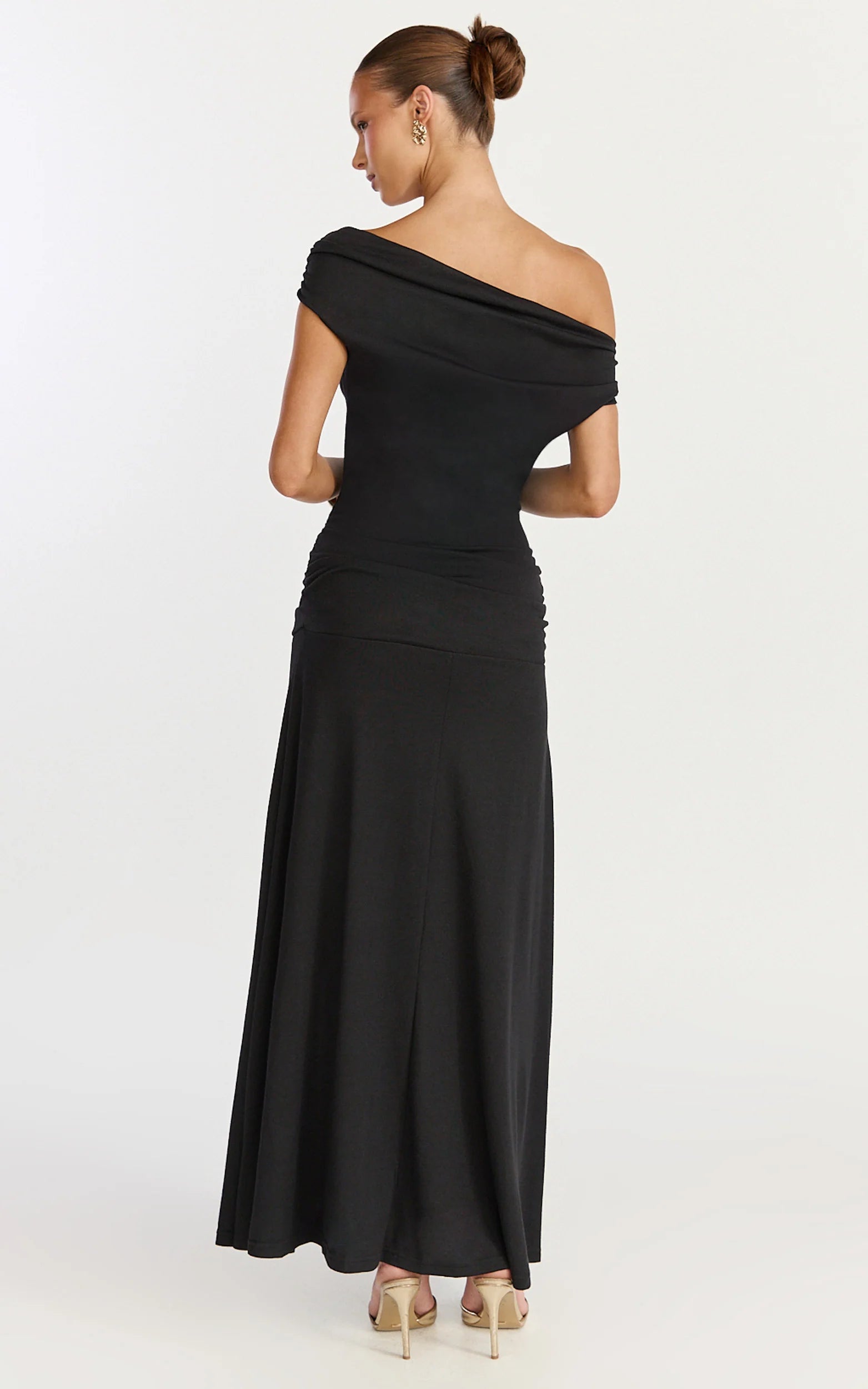 Ophelia Maxi Dress - Off Shoulder Ruched Fit And Flare Dress in Black