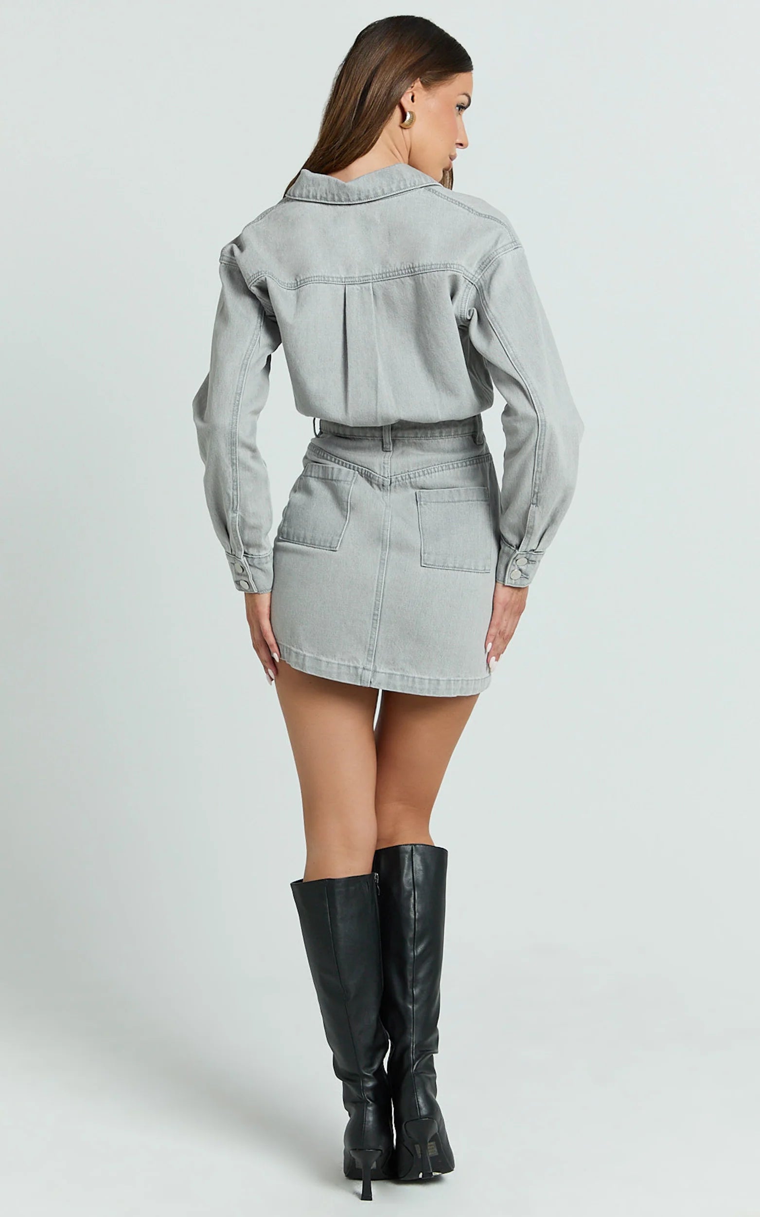 Kamala Mini Dress - Long Sleeve Button Through Denim Dress in Grey
