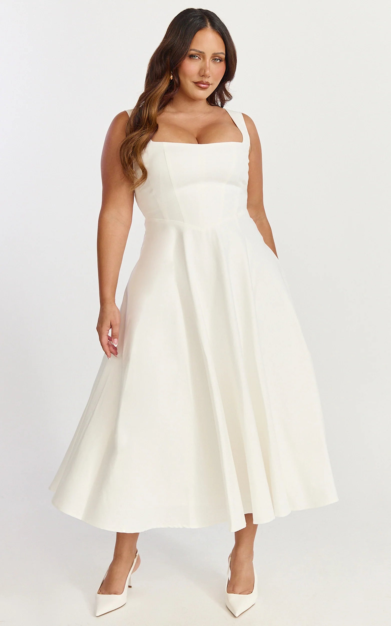 Bernie Midi Dress - Square Neck Strapped Full Circle Skirt Dress in White