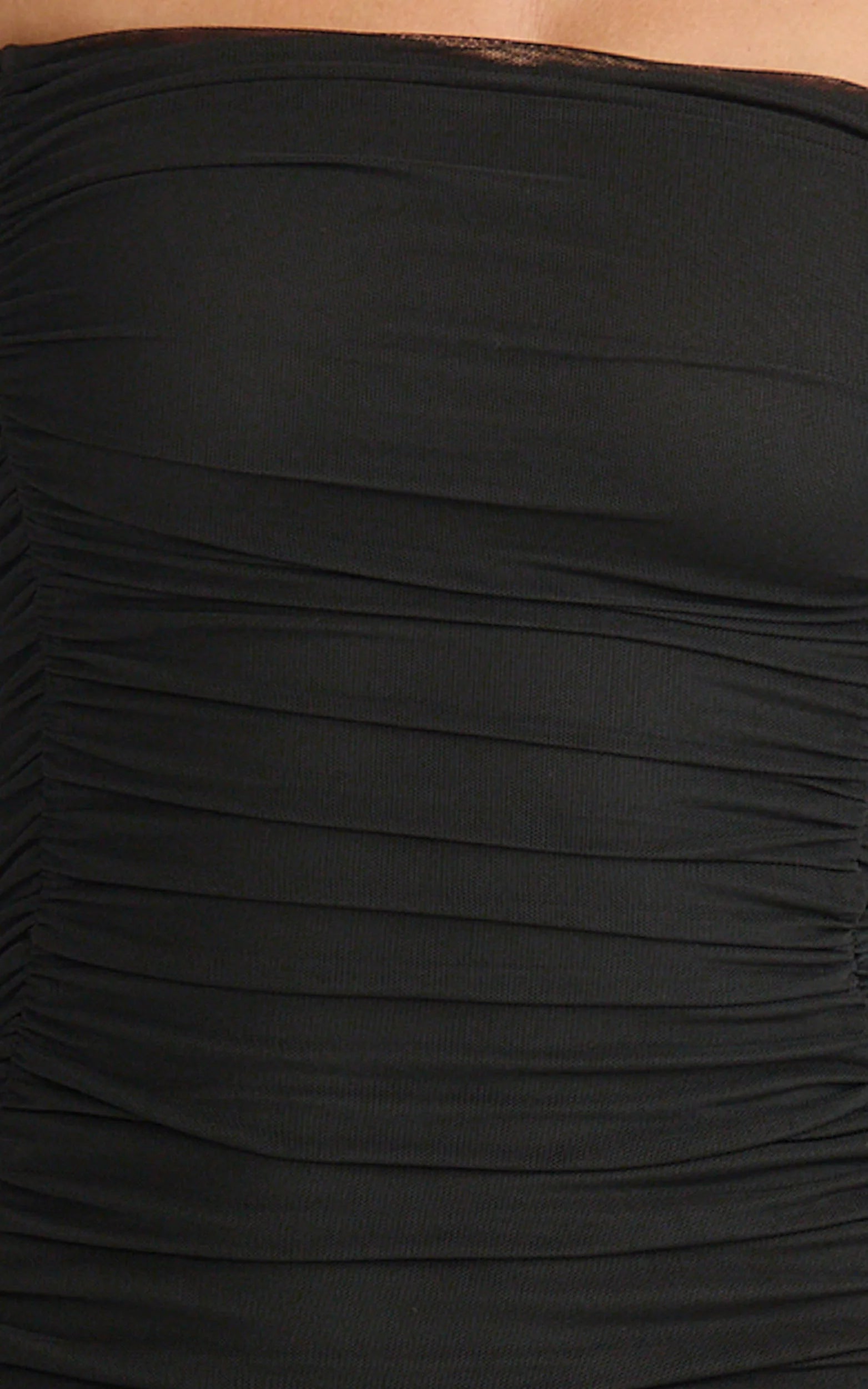 Lara Maxi Dress - Strapless Ruched Mesh High Leg Split Dress in Black
