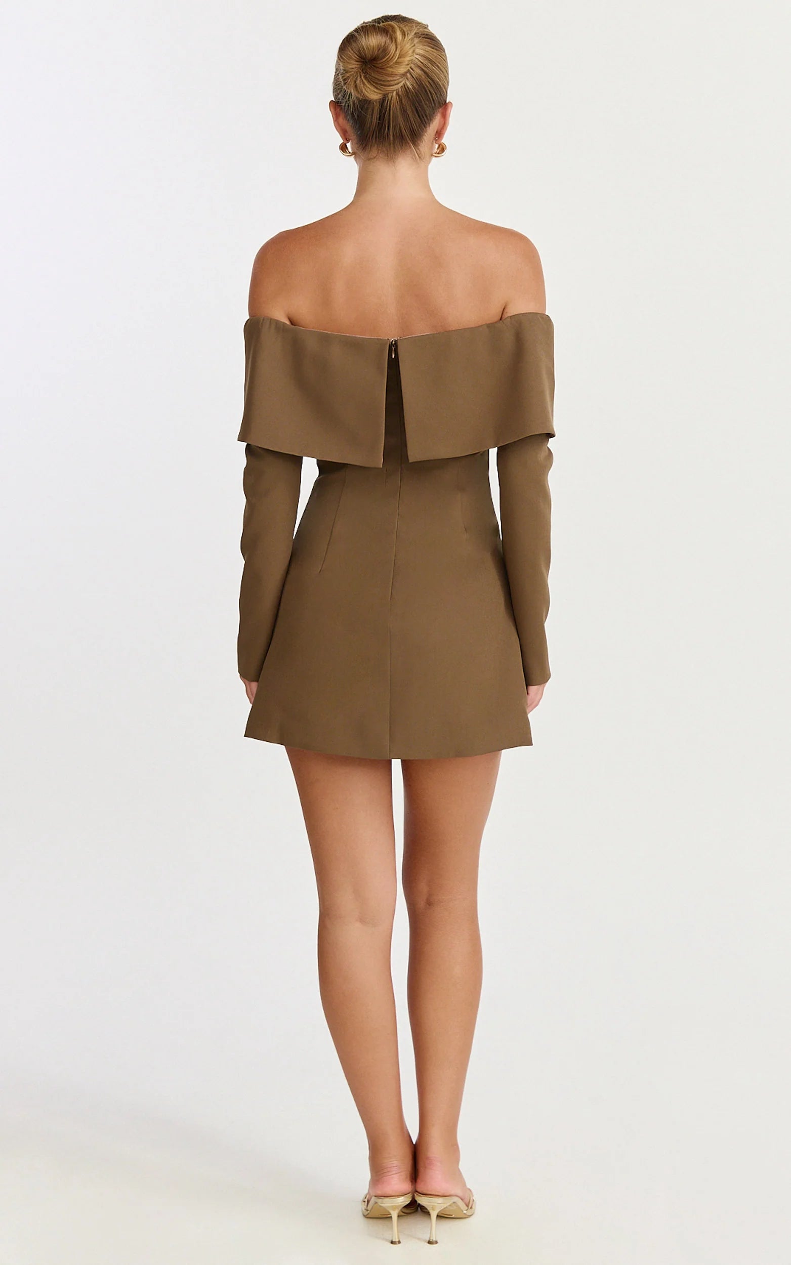 Marigold Mini Dress - Off Shoulder Long Sleeve Dress in Mocha