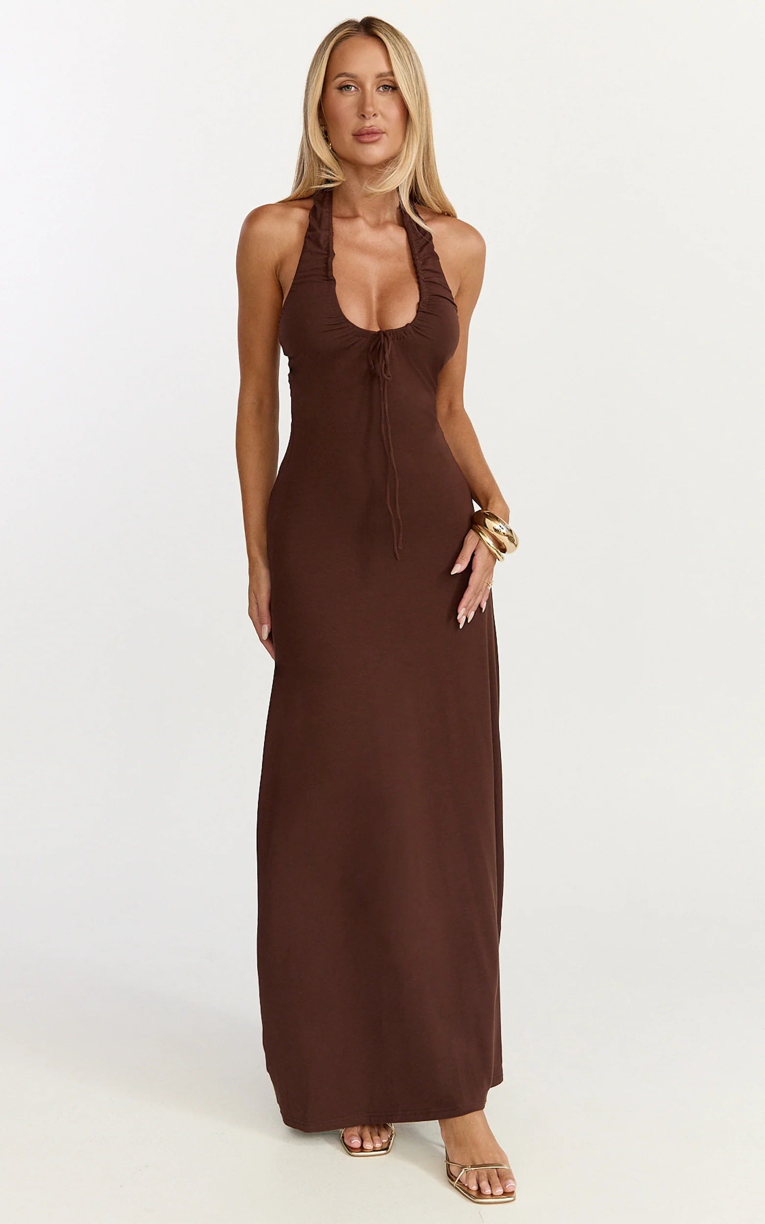 Odile Maxi Dress - U Halter Neck Dress in Chocolate