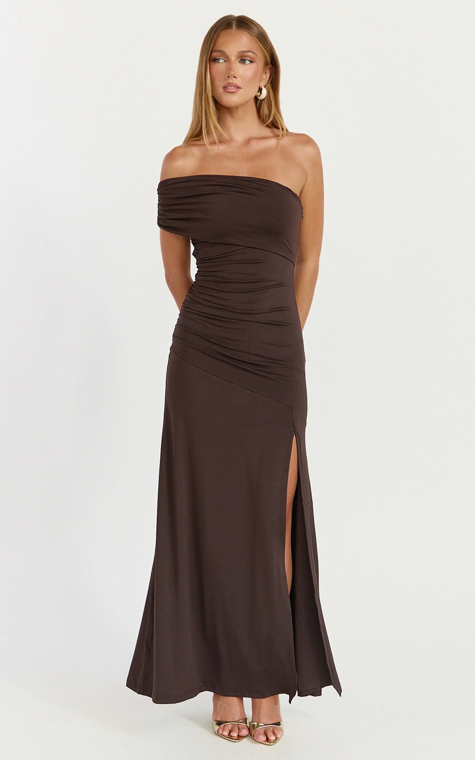 Opal Maxi Dress - Off Shoulder Gathered Bodice Fit And Flare Dress in Dark Chocolate