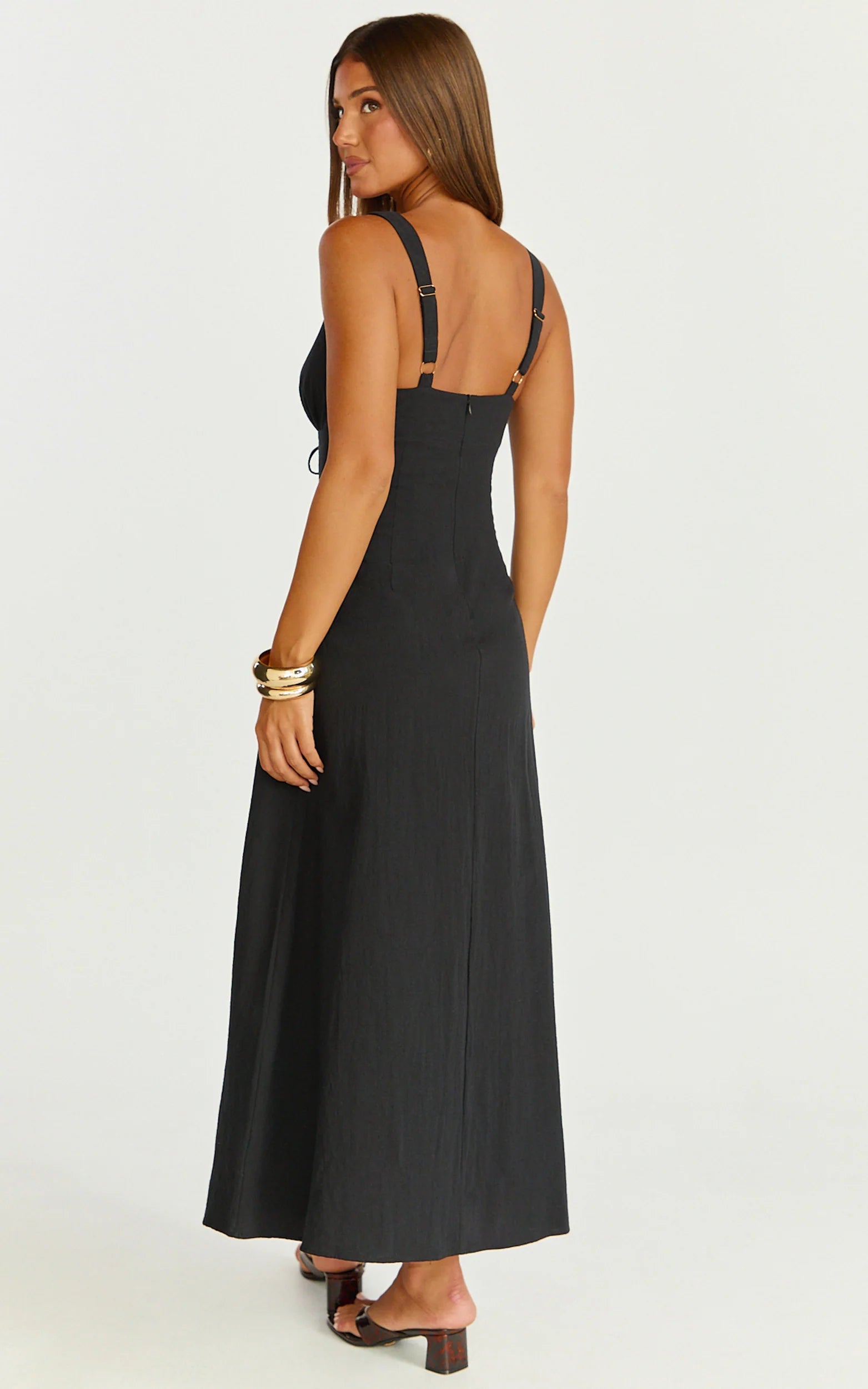 Silvena Midi Dress - Plunge Neckline Tie Front A Line Dress in Black