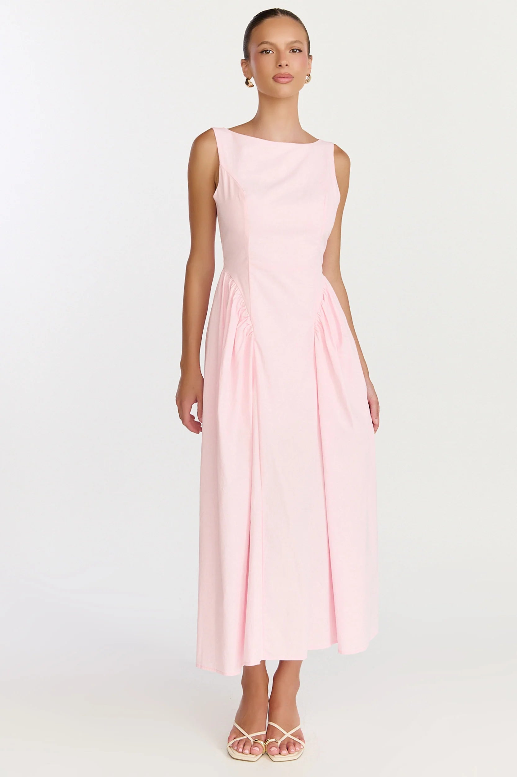 Casina Midi Dress - Boat Neck Tie Back Fit And Flare Dress in Pale Pink