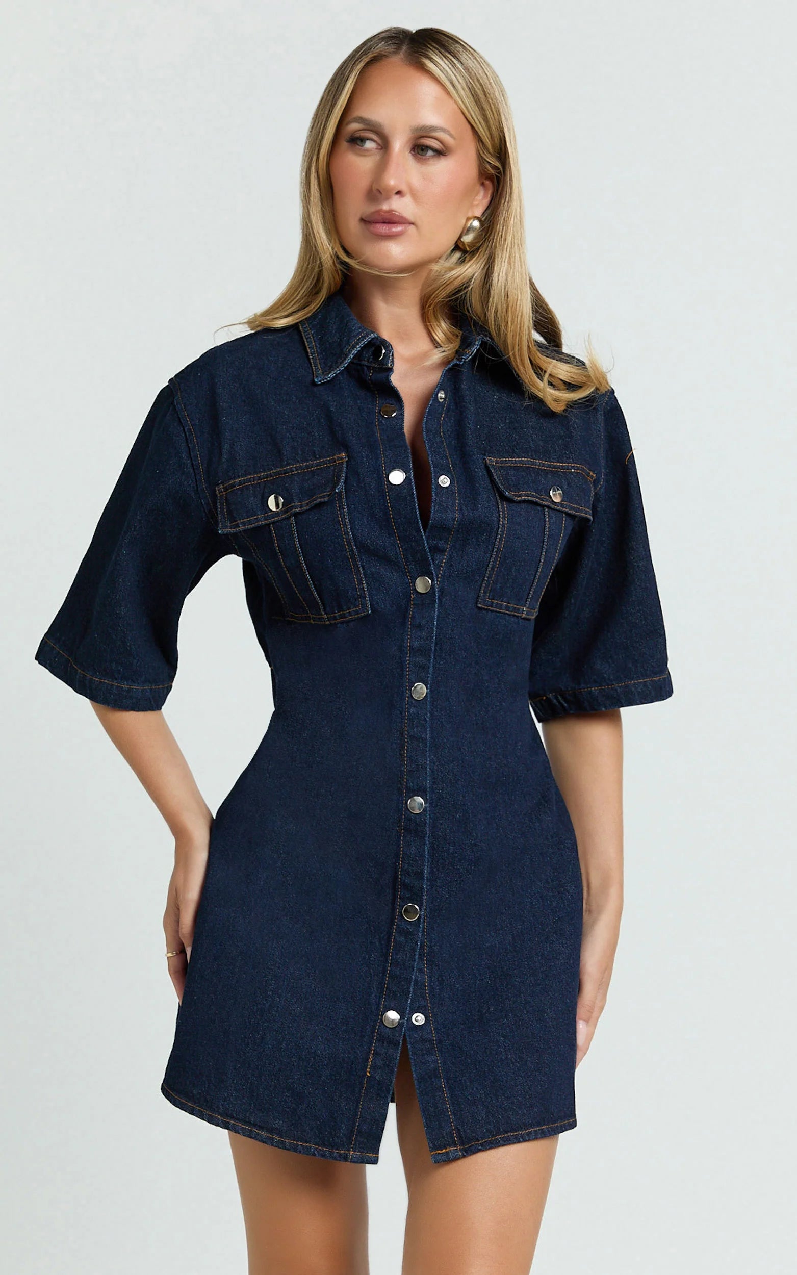Leilani Mini Dress - Denim Short Sleeve Button Up Dress with Gold Hardware in Indigo Denim